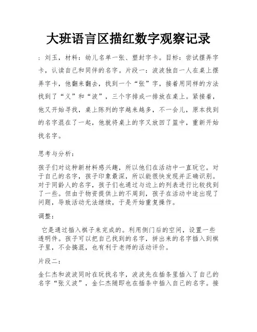 大班语言区描红数字观察记录