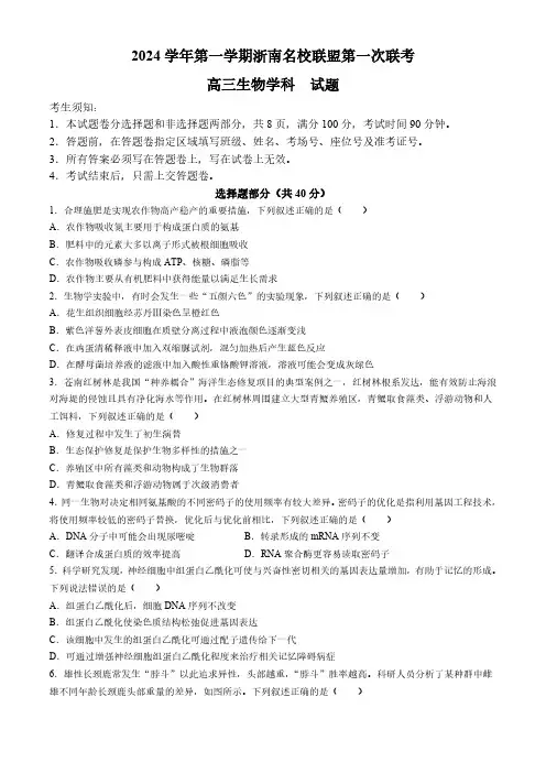 浙江省浙南名校联盟2024-2025学年高三上学期第一次联考生物试题(有答案)