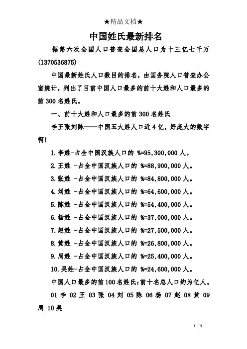 中国姓氏最新排名