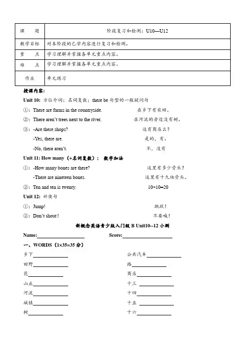 新概念英语青少版入门级B unit10-unit12 阶段小测