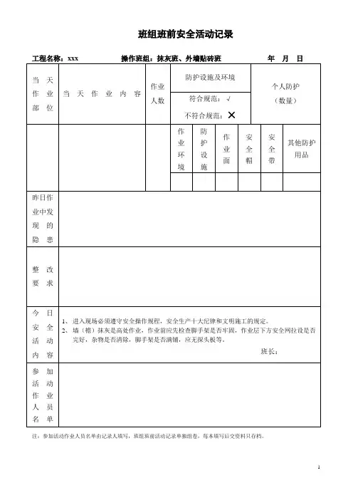 班组班前安全活动记录抹灰、贴砖班