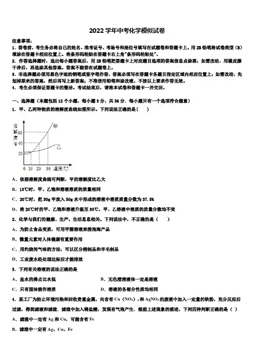 山东省部分地区2022学年十校联考最后化学试题(含解析)