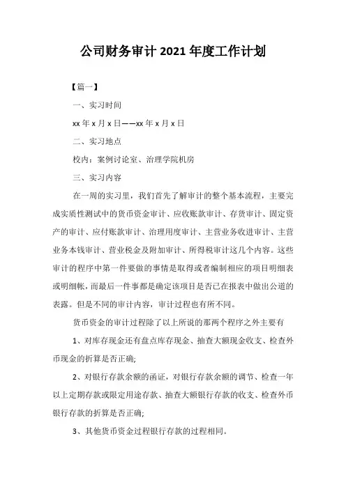精选-公司财务审计2021年度工作计划