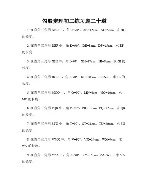 勾股定理初二练习题二十道