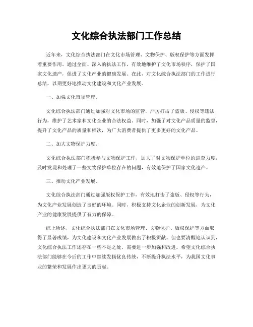 文化综合执法部门工作总结