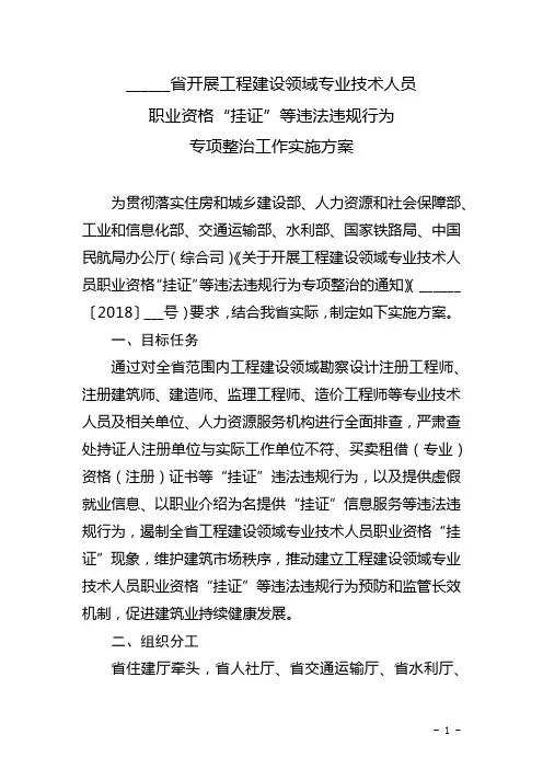 省开展工程建设领域专业技术人员职业资格“挂证”等违法违规行为专项整治工作实施方案【模板】