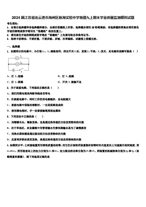 2024届江苏省连云港市海州区新海实验中学物理九上期末学业质量监测模拟试题含解析
