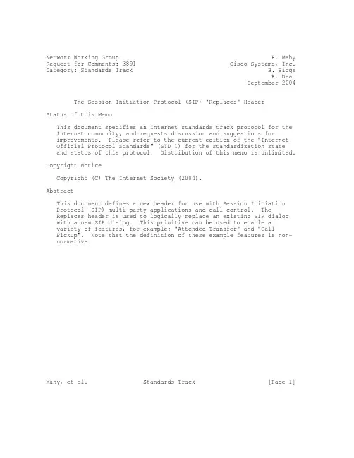 rfc3891.The Session Initiation Protocol (SIP) Replaces Header