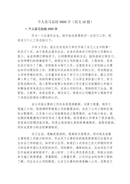 个人实习总结3000字(范文10篇)