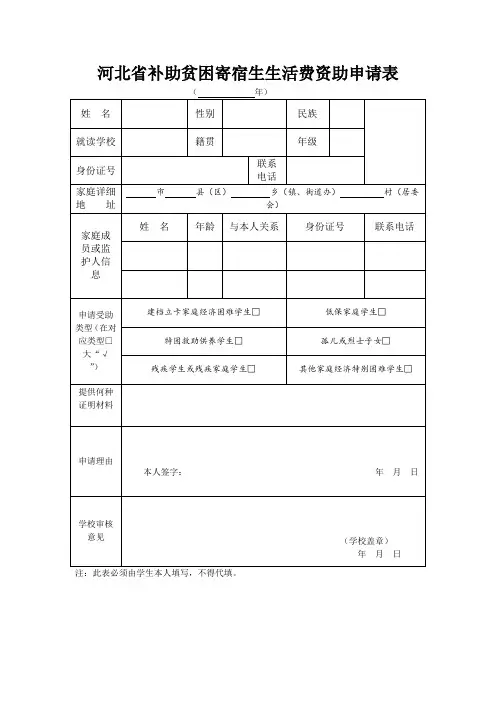 河北省补助贫困生生活费资助申请表