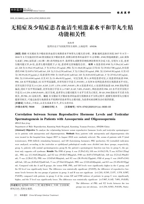 无精症及少精症患者血清生殖激素水平和睾丸生精功能相关性