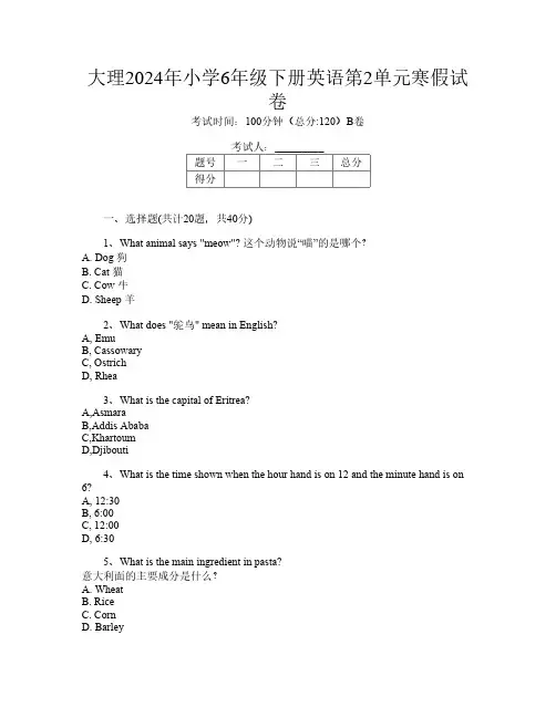 大理2024年小学6年级下册第6次英语第2单元寒假试卷