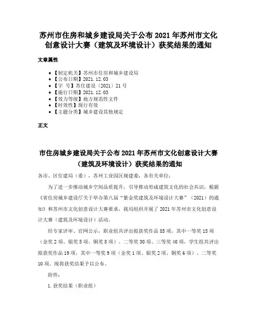 苏州市住房和城乡建设局关于公布2021年苏州市文化创意设计大赛（建筑及环境设计）获奖结果的通知