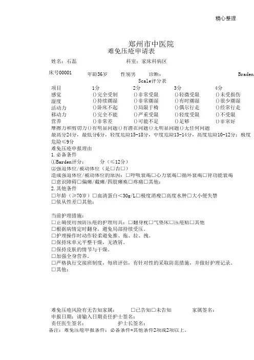 难免压疮申请表格模板