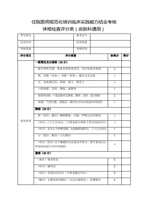 住院医师规范化培训临床实践能力结业考核体格检查评分表(皮肤科通用)