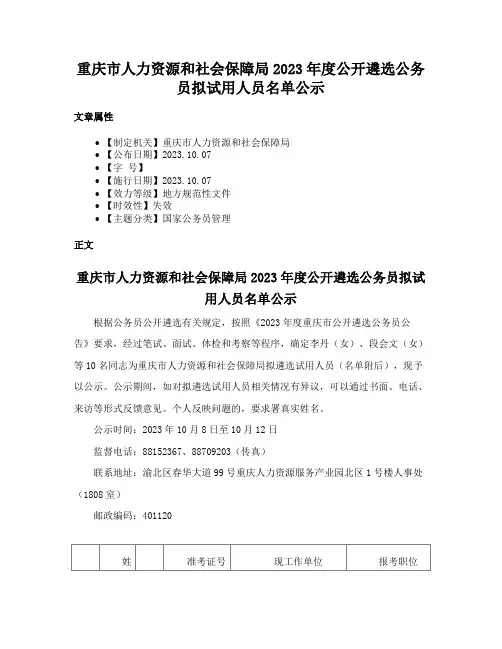 重庆市人力资源和社会保障局2023年度公开遴选公务员拟试用人员名单公示