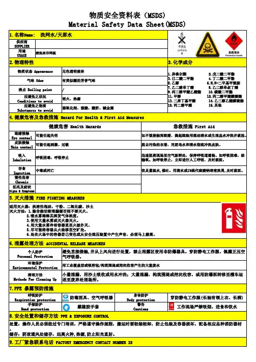 洗网水天那水MSDS及危害告知卡