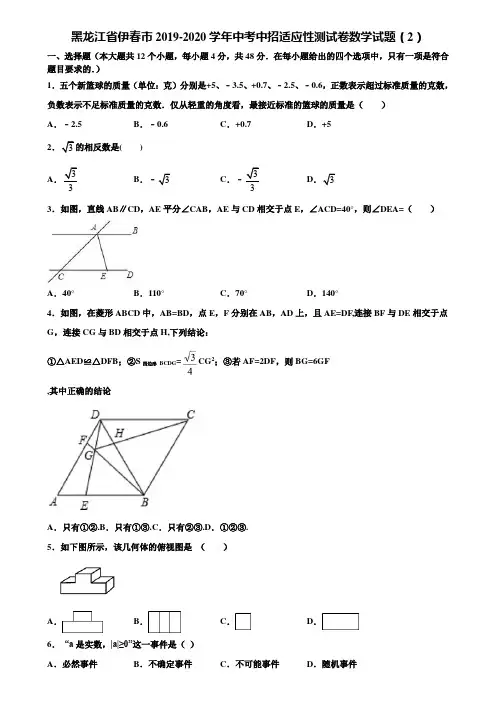 黑龙江省伊春市2019-2020学年中考中招适应性测试卷数学试题(2)含解析