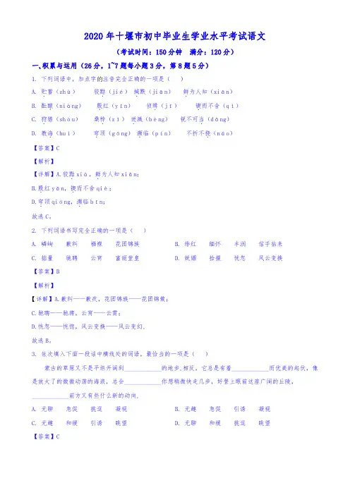 ：湖北省十堰市2020年中考语文试题(含答案与解析)