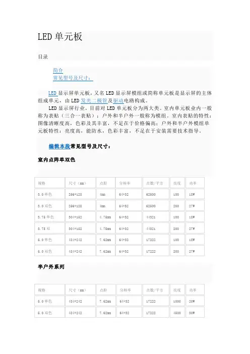 LED单元板常见型号及尺寸