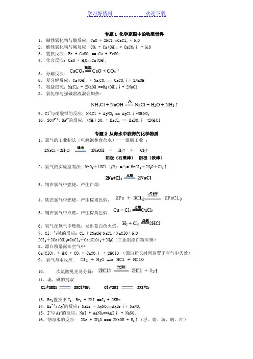 高一化学必修苏教(专题一到专题三)化学方程式完全总结