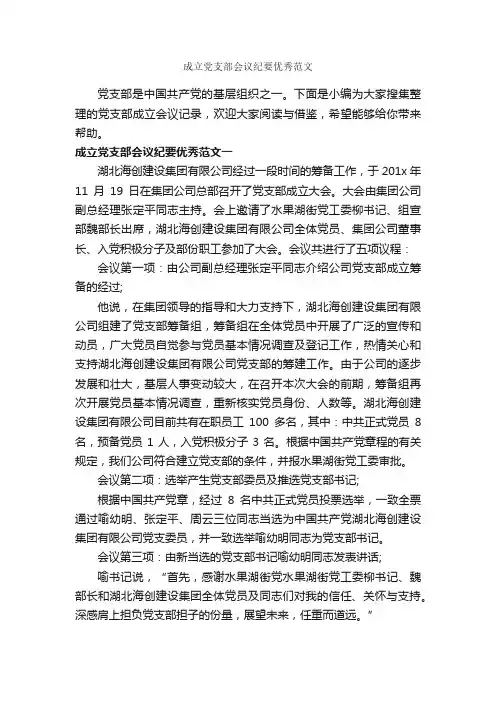 成立党支部会议纪要优秀范文_会议纪要_