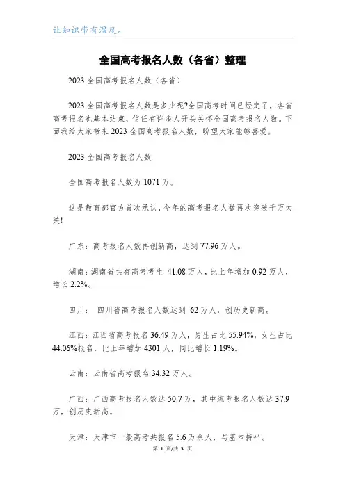 全国高考报名人数(各省)整理