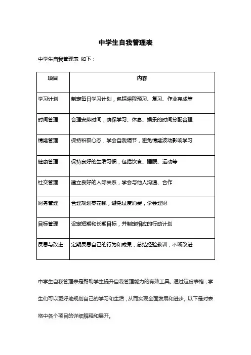 中学生自我管理表