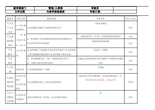管理人事部内部审核检查表GBT19001：2016