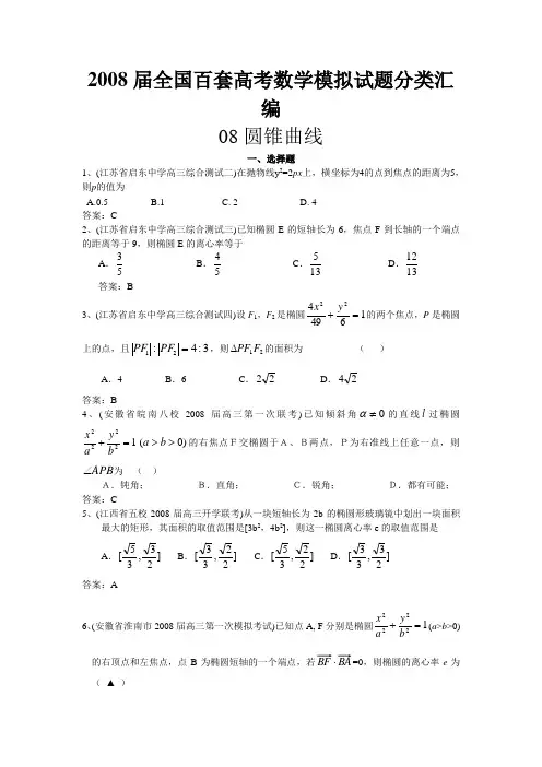 2008届全国百套高考数学模拟试题分类汇编-081圆锥曲线选择题
