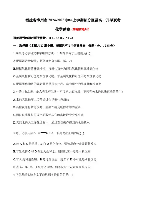 福建省漳州市部分区县2024-2025学年高一上学期开学考试 化学含答案