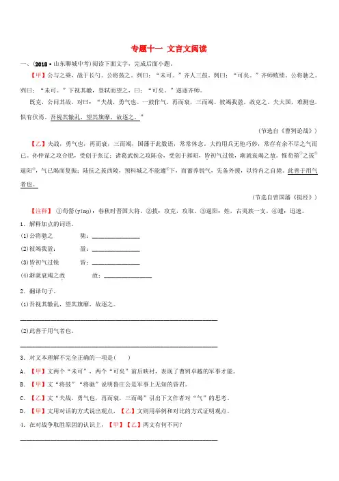 山东省滨州市2019年中考语文专题复习专题十一文言文阅读训练含答案