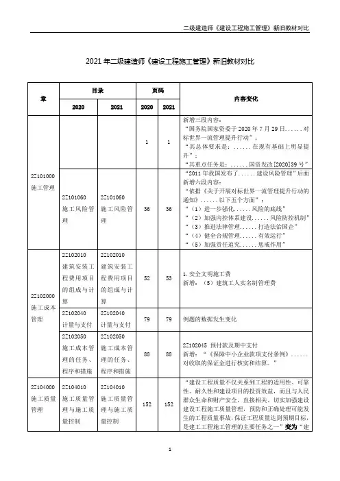 2021年二级建造师《建设工程施工管理与实务》新旧教材对比