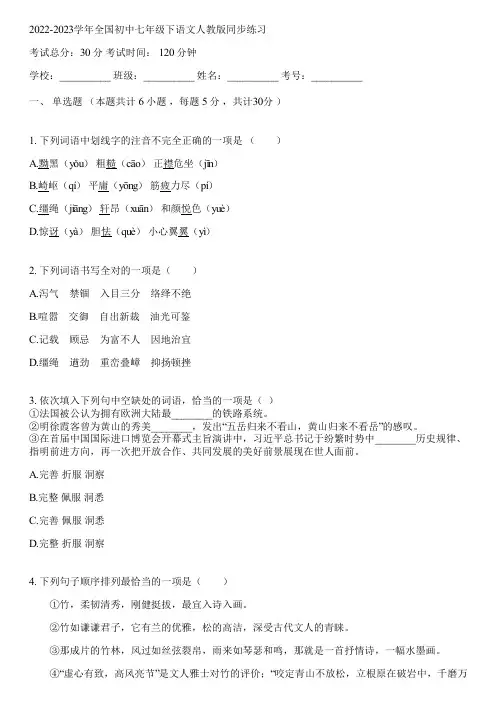 2022-2023学年全国初中七年级下语文人教版同步练习(含答案解析)030040