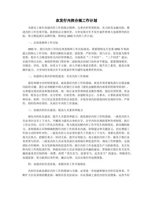 农发行内控合规工作计划