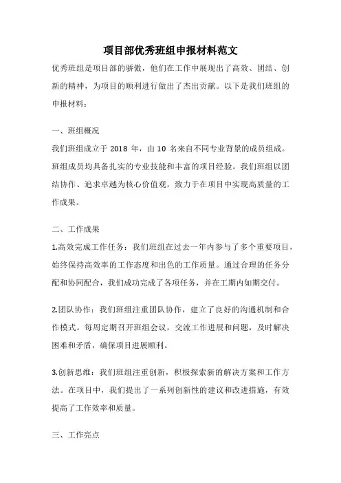 项目部优秀班组申报材料范文