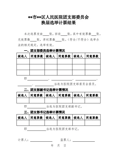 医院团支部委员会换届选举计票结果(样版)