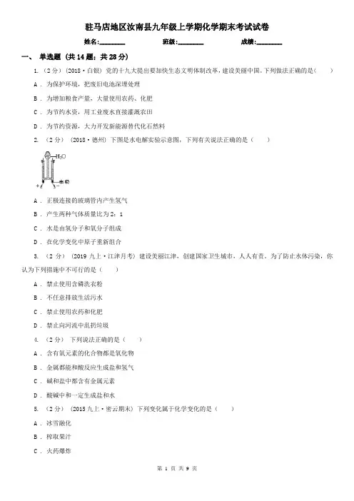 驻马店地区汝南县九年级上学期化学期末考试试卷