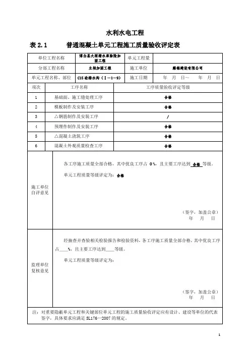 水利水电工程_普通混凝土单元工程施工质量验收评定表