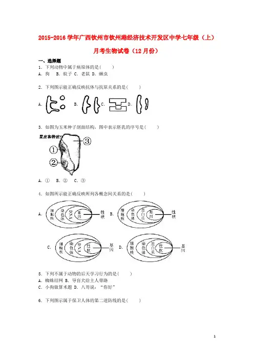 广西钦州市钦州港经济技术开发区中学2015_2016学年七年级生物上学期(12月)月考试卷(含解析)新人教版