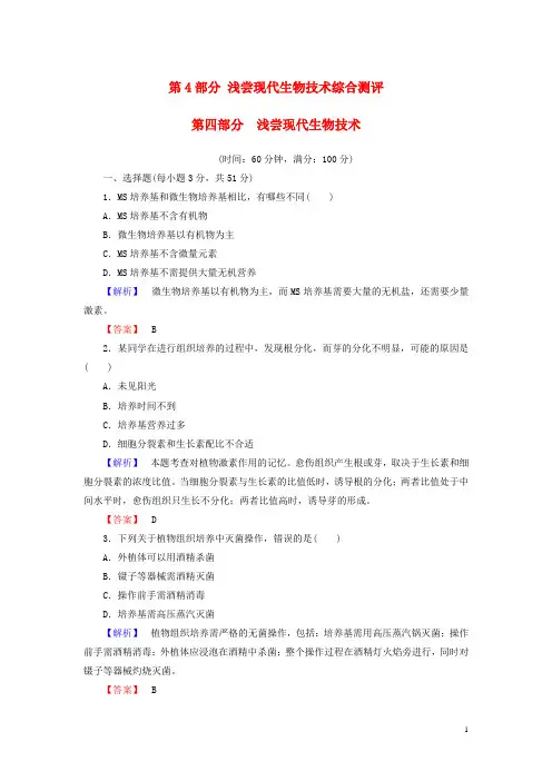 高中生物 第4部分 浅尝现代生物技术综合测评 浙科版选修1