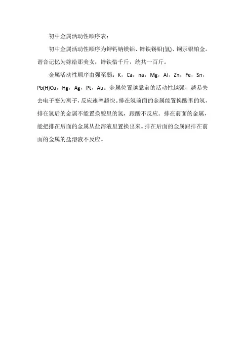 初中金属活动性顺序表