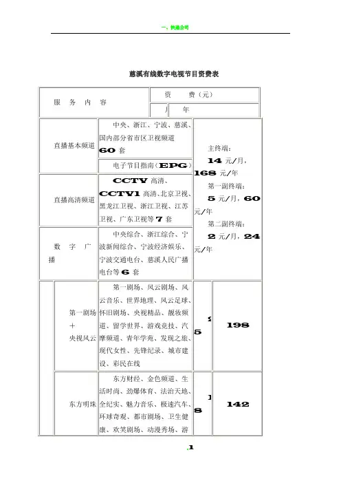 慈溪有线数字电视节目资费表