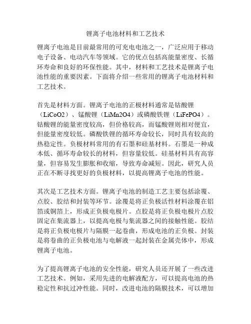 锂离子电池材料和工艺技术