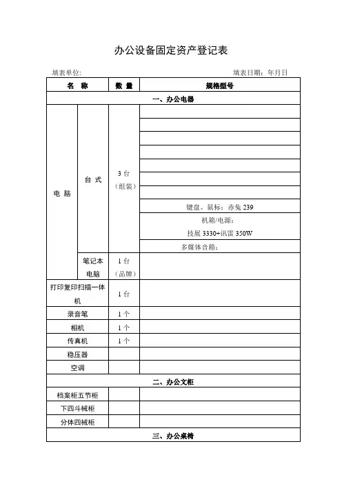 办公设备固定资产登记表