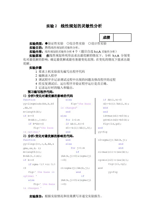 实验2  线性规划的灵敏性分析