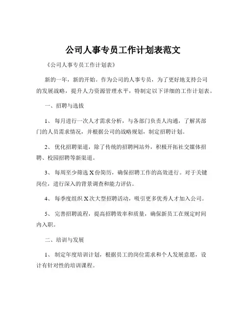 公司人事专员工作计划表范文