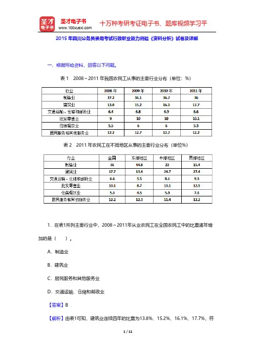 2015年四川公务员录用考试行政职业能力测验《资料分析》试卷及详解【圣才出品】