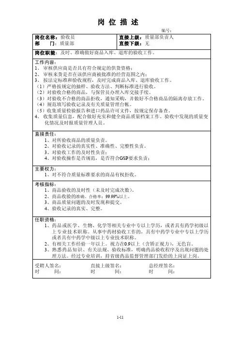 药店验收员岗位职责及考核指标