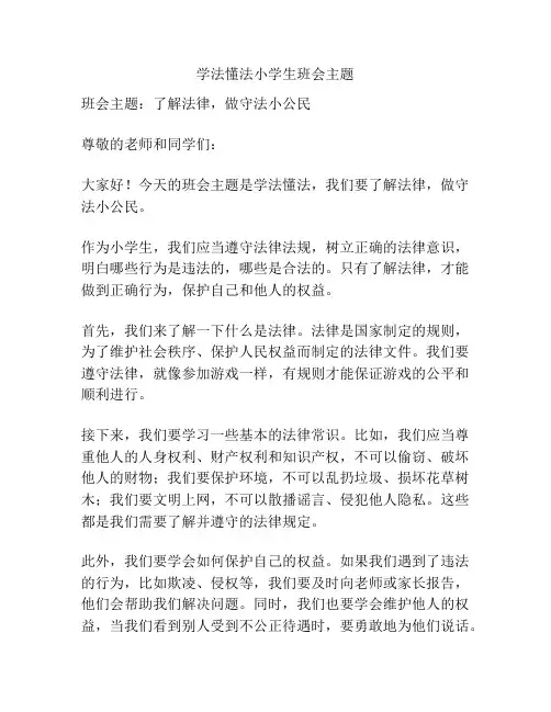 学法懂法小学生班会主题
